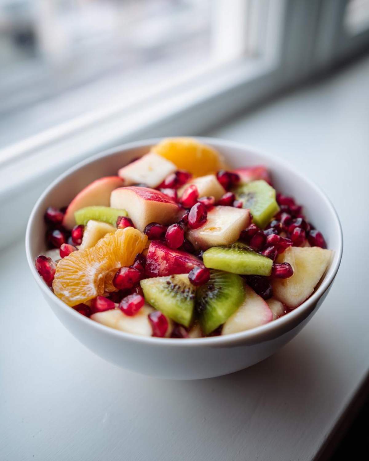 Close-up of a bright winter fruit salad featuring kiwi, orange segments, apple, and pomegranate seeds.