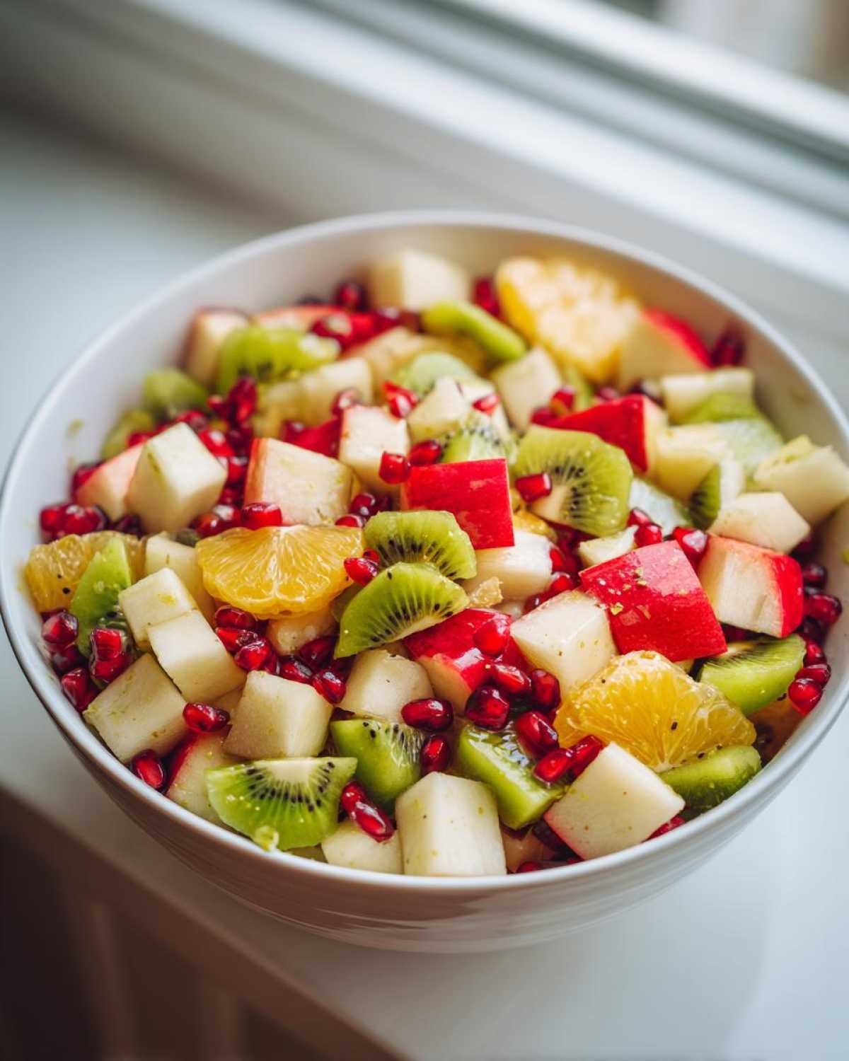Close-up of a bright winter fruit salad featuring kiwi, apple, orange slices, and pomegranate seeds in a white bowl.