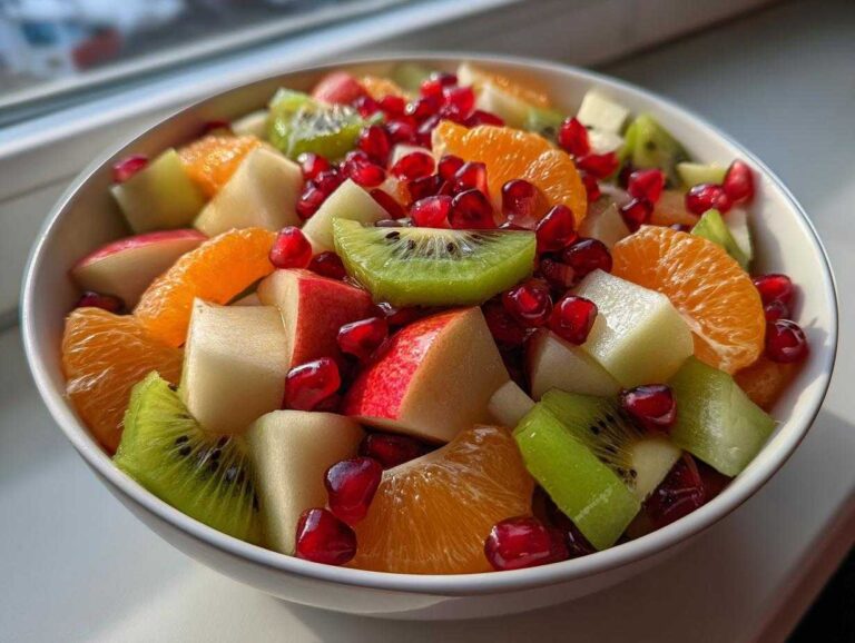 Close-up of a vibrant winter fruit salad featuring kiwi, orange segments, apple chunks, and bright pomegranate seeds.