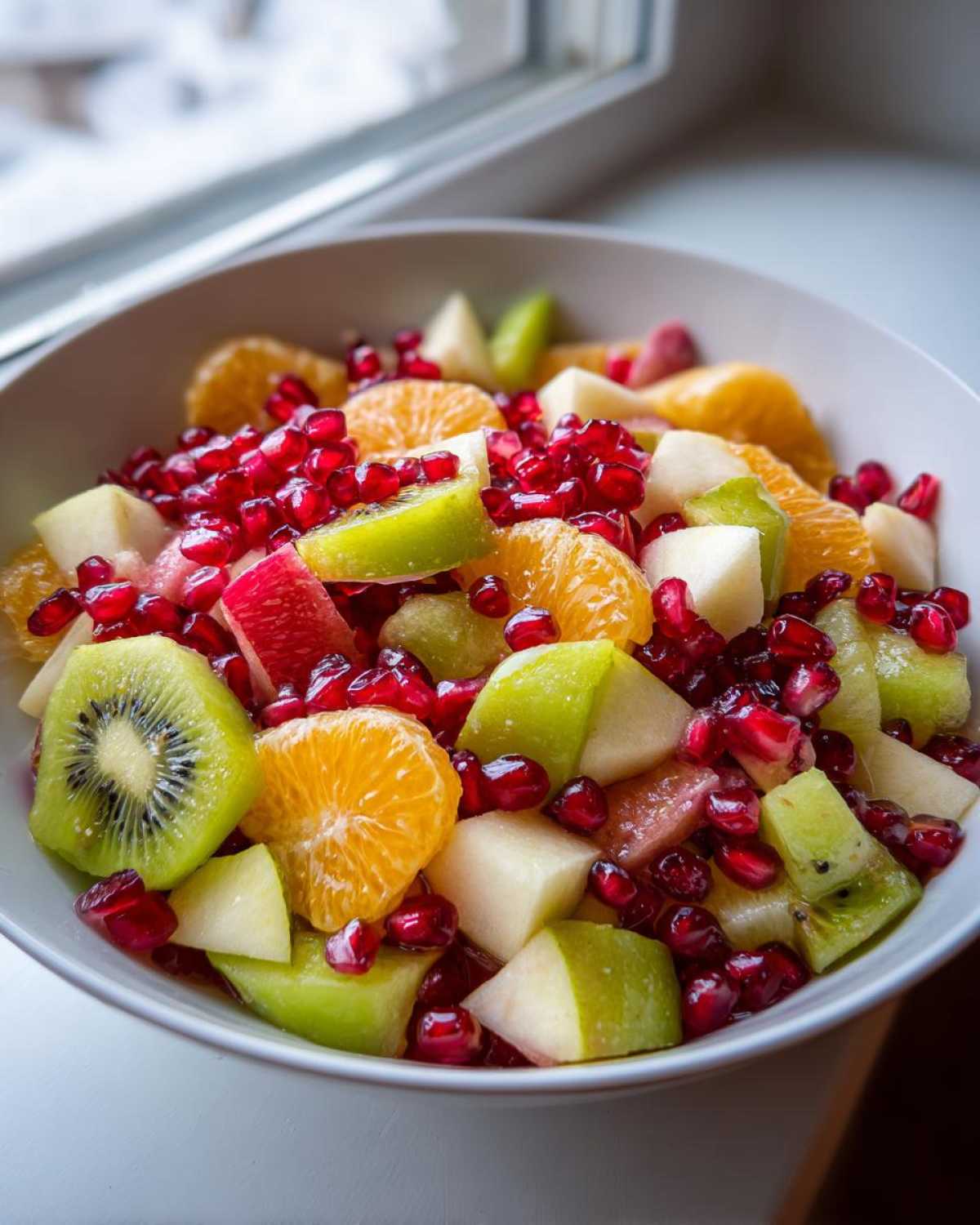 Close-up of a bowl filled with a vibrant winter fruit salad featuring kiwi, orange segments, apple chunks, and pomegranate seeds.