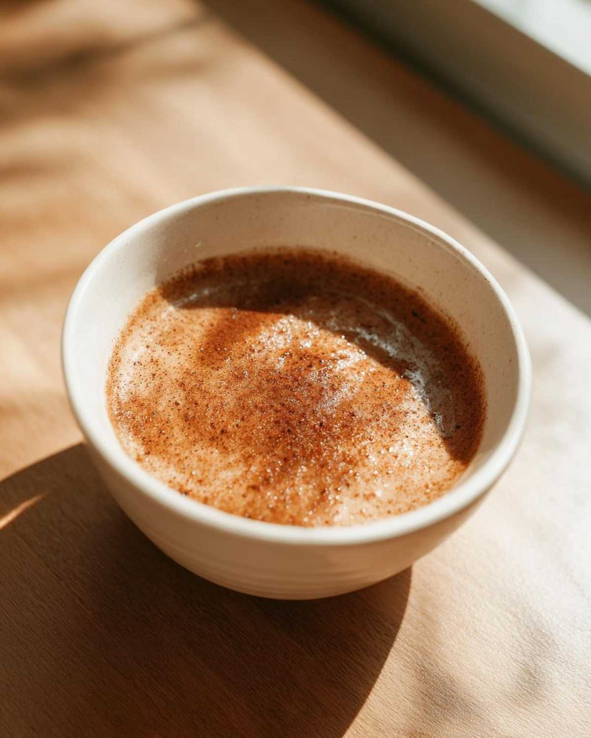 A close-up of warm applesauce topped generously with cinnamon spice in a white bowl.