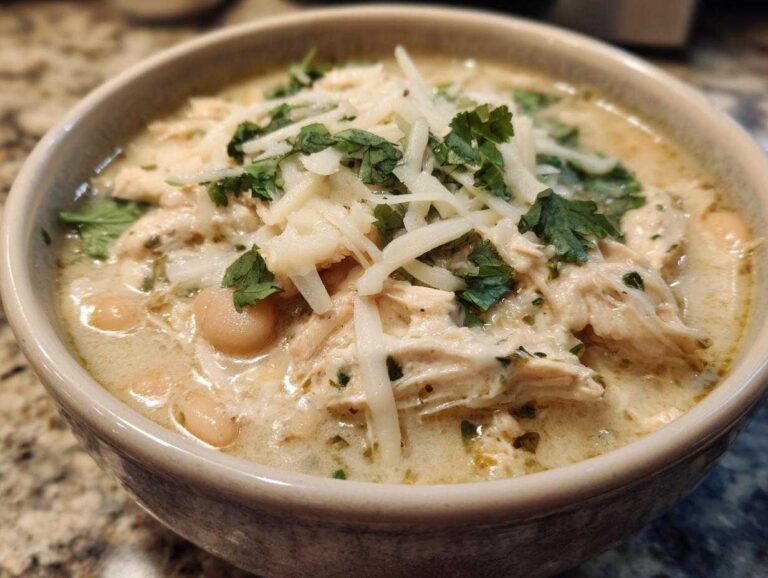 Close-up of a bowl of creamy white chicken chili with shredded chicken, white beans, topped with shredded cheese and fresh cilantro.