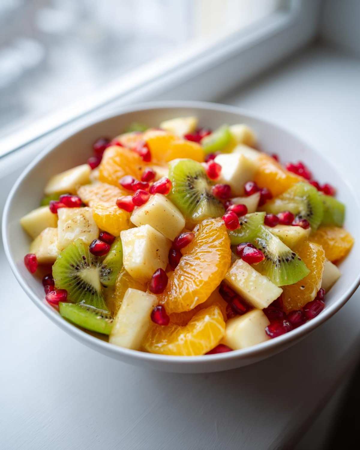 Close-up of a vibrant winter fruit salad in a white bowl featuring orange segments, kiwi slices, apple chunks, and pomegranate seeds.