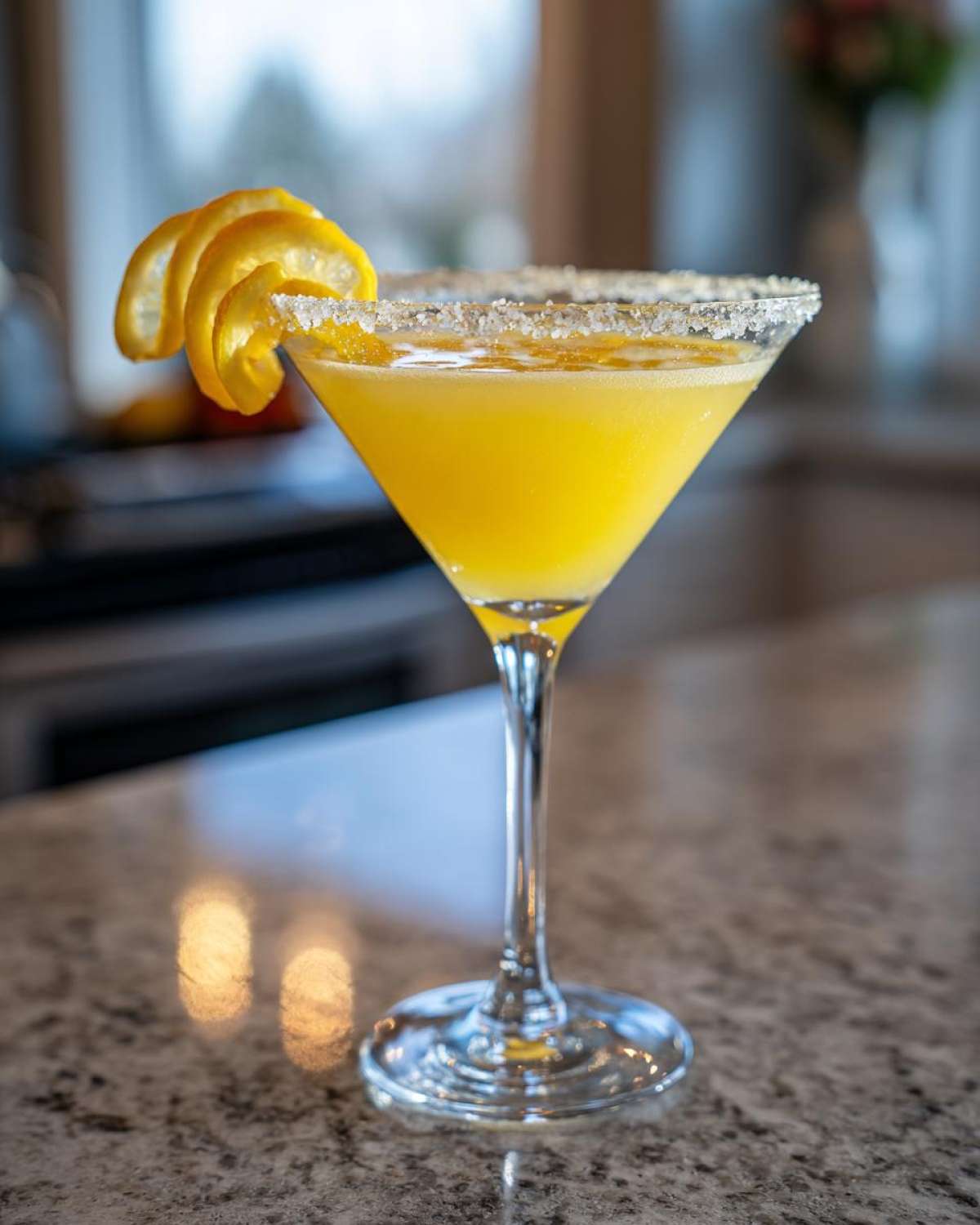 A bright yellow lemon drop cocktail in a martini glass with a sugar rim and lemon peel garnish.