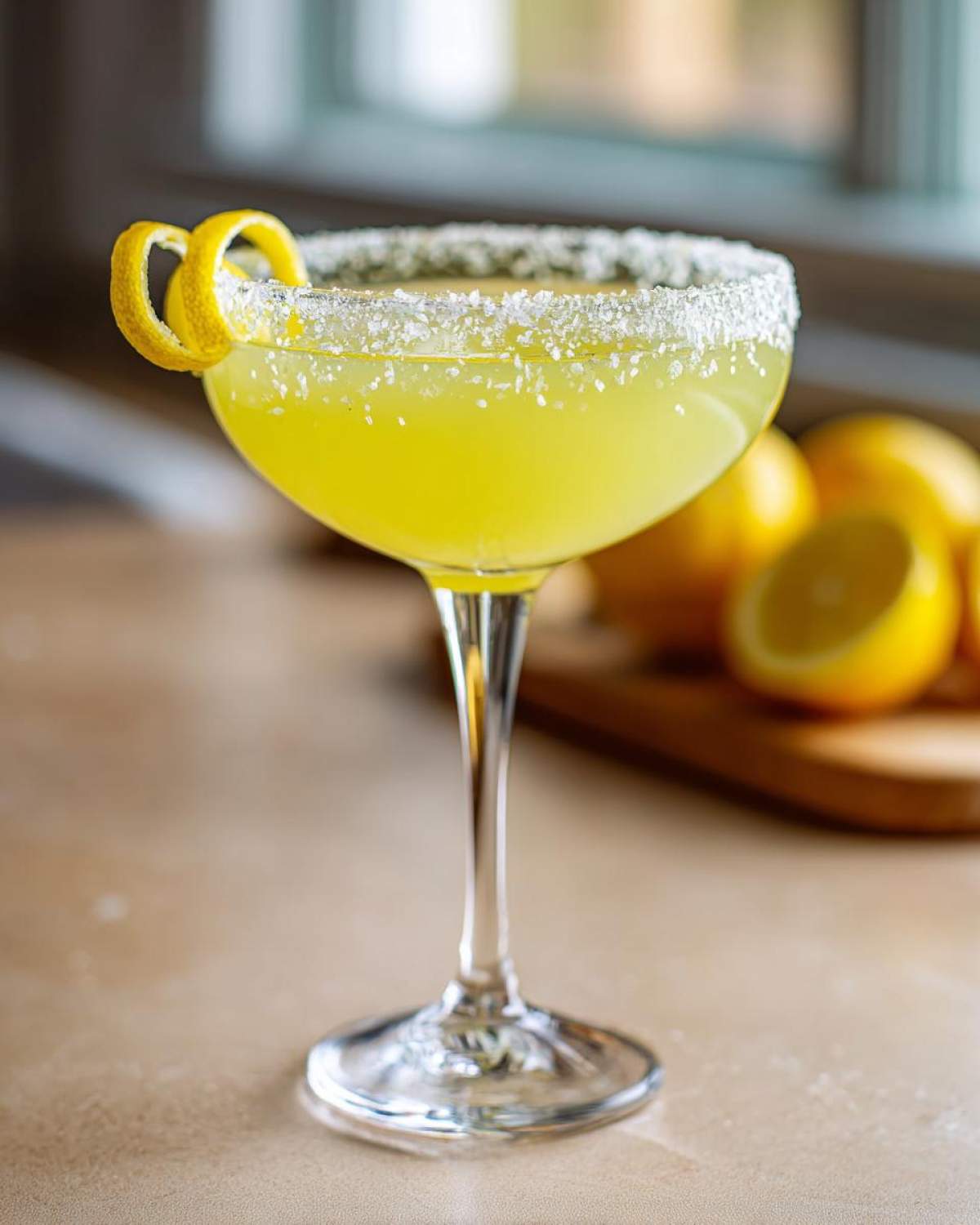 A bright yellow lemon drop cocktail in a coupe glass with a sugar rim and lemon twist garnish.