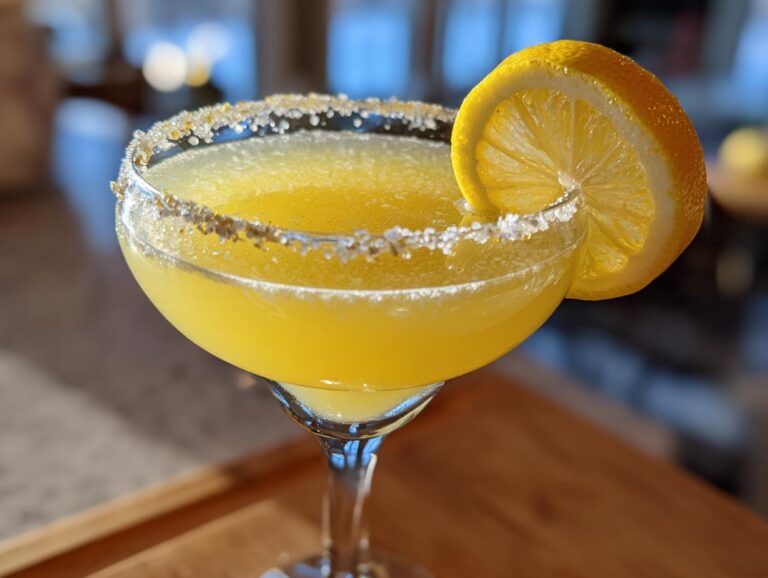 Close-up of a bright yellow lemon drop cocktail served in a coupe glass with a sparkling sugared rim and lemon wheel garnish.
