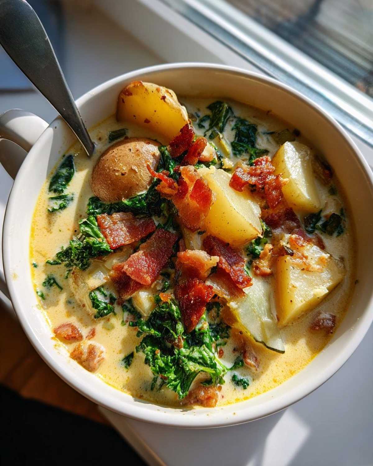 Close-up of a hearty bowl of zuppa toscana soup, featuring potatoes, kale, and crispy bacon pieces in a creamy broth.
