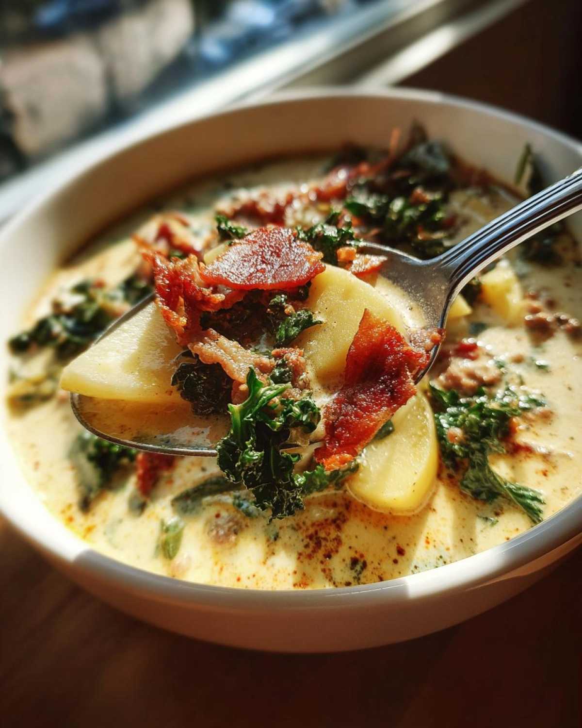 A spoonful of creamy zuppa toscana soup showing potatoes, kale, and crispy bacon being lifted from a white bowl.