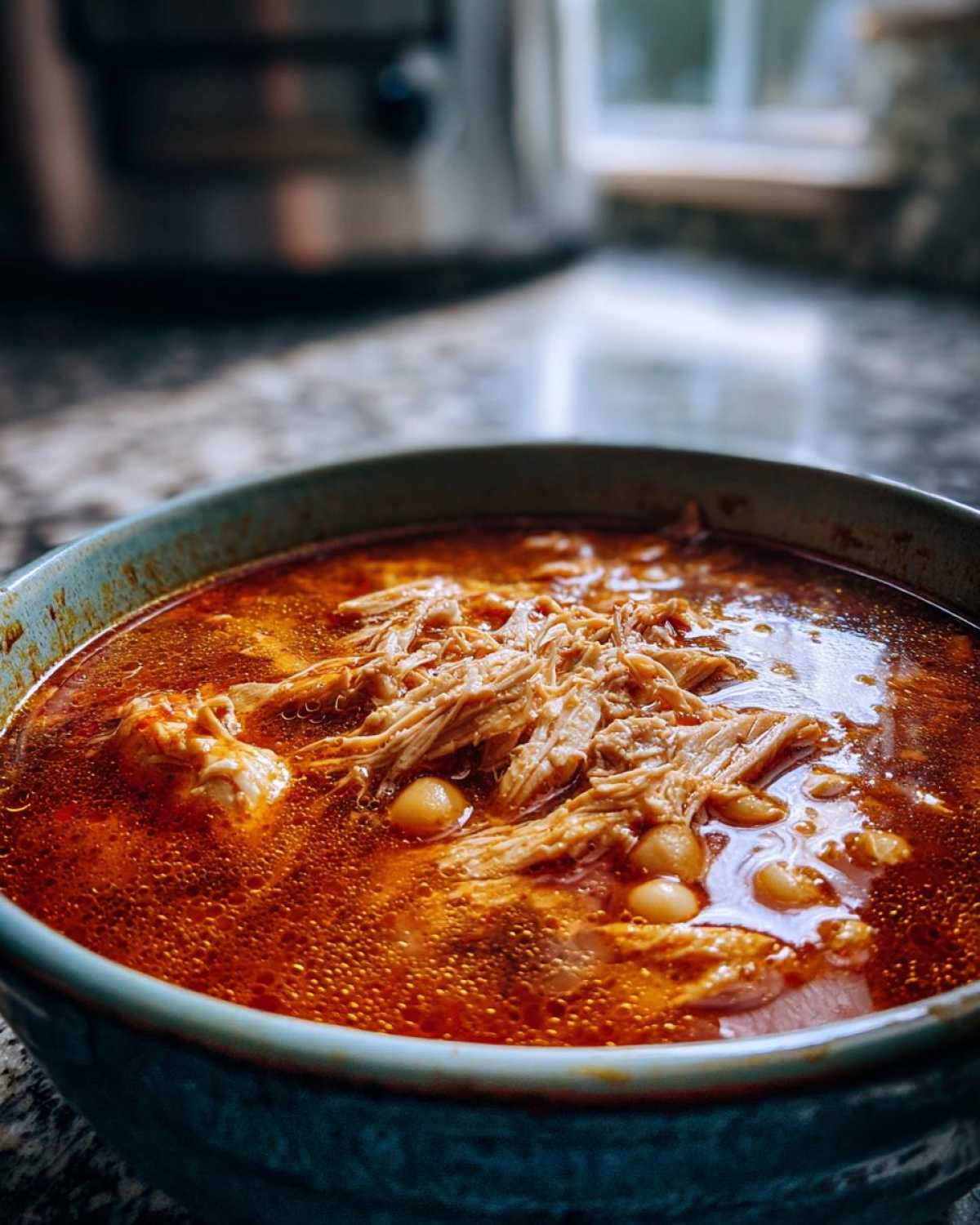 Close-up of a vibrant red broth filled with shredded chicken and hominy in a blue bowl, featuring chicken pozole.