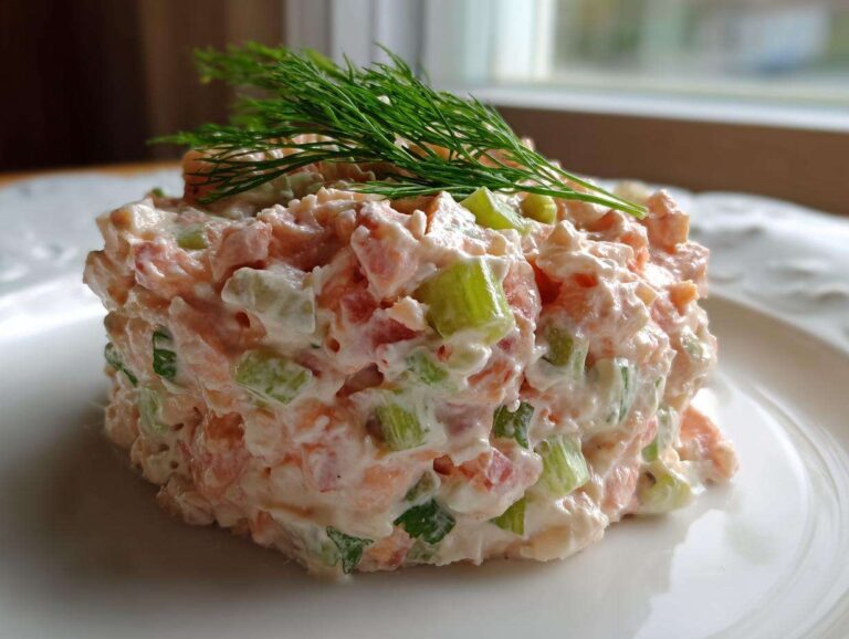 A molded portion of creamy salmon salad mixed with celery and topped with fresh dill.