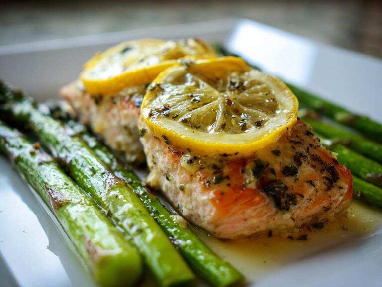 Close-up of a baked salmon recipe fillet topped with lemon slices and herbs, served alongside bright green asparagus.