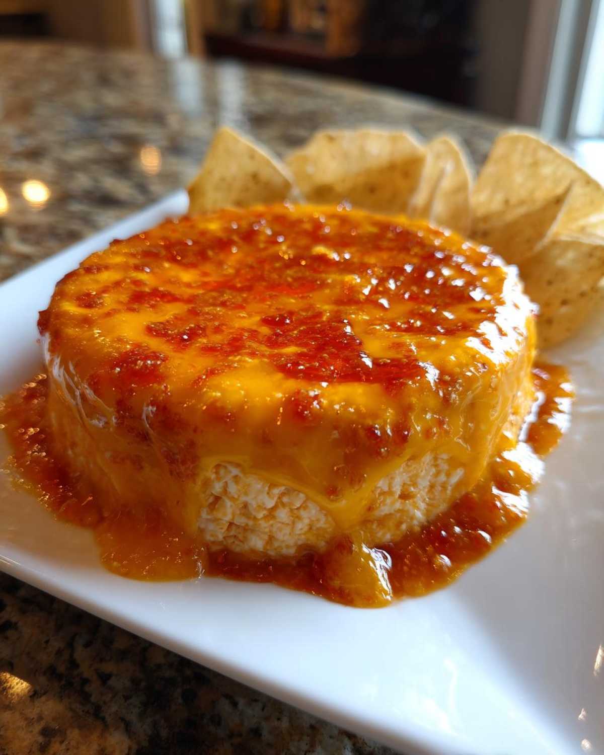 A molded serving of creamy chili cheese dip topped with melted orange cheese and red chili sauce, served with tortilla chips.