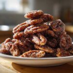 A close-up shot of a mound of glistening candied pecans covered in sugar crystals on a white plate.