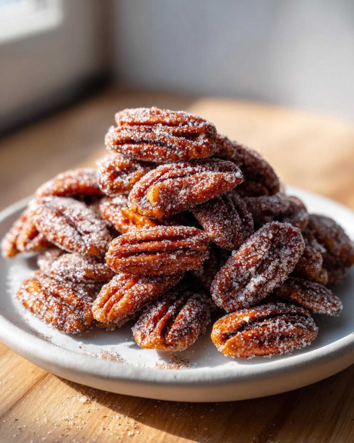 Close-up of a mound of glistening candied pecans heavily coated in sugar, resting on a white plate.