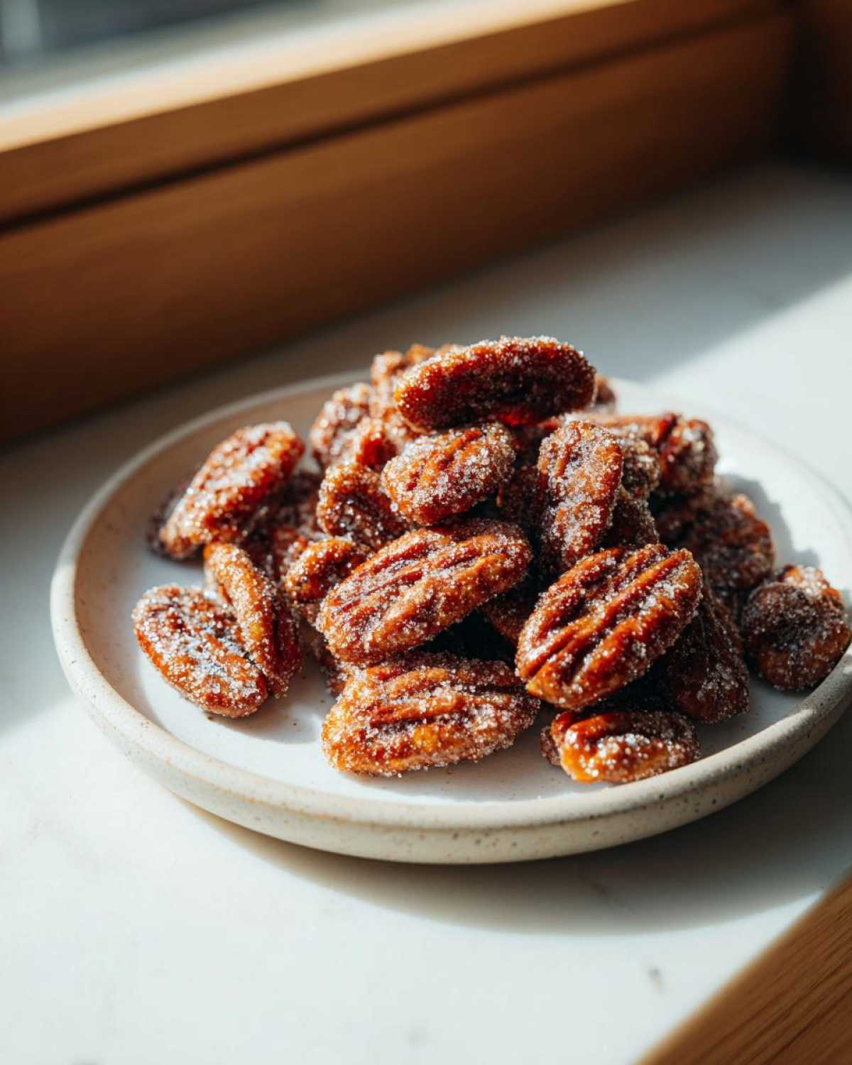A pile of glistening, sugar-coated candied pecans resting on a small, speckled white plate near a sunny window.