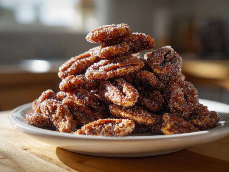 A close-up shot of a mound of glistening candied pecans covered in sugar crystals on a white plate.