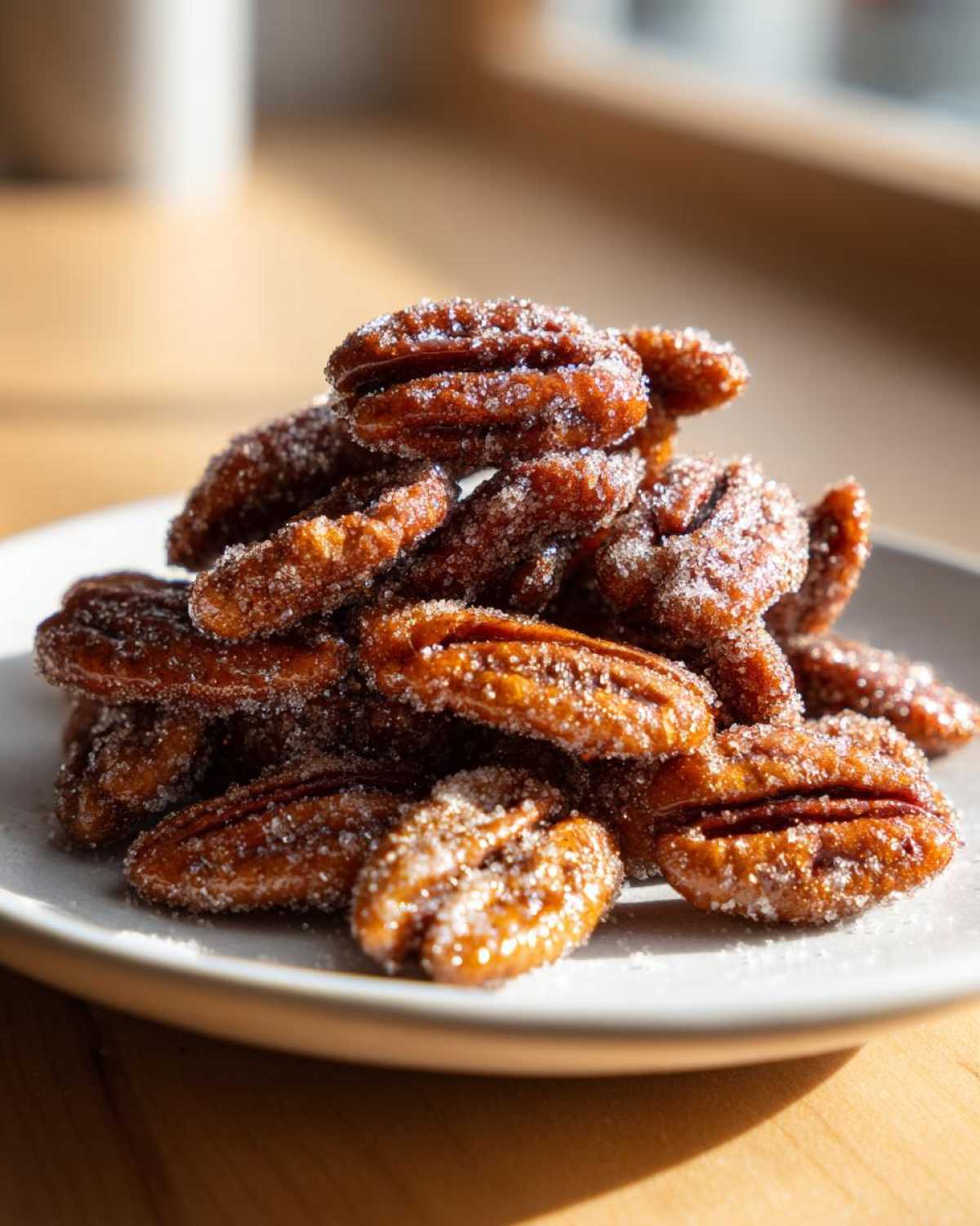A mound of glistening candied pecans coated in sugar crystals, piled high on a light grey plate.