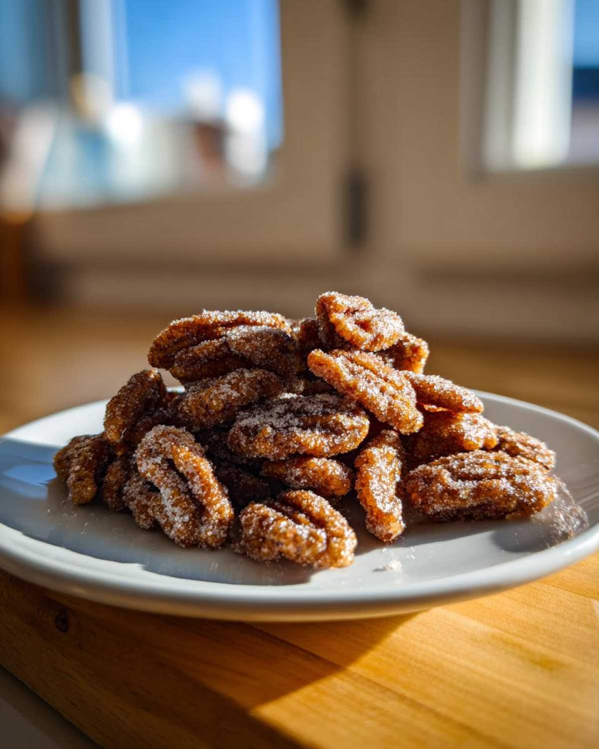 A close-up shot of a pile of freshly made candied pecans coated in sugar, sitting on a white plate.
