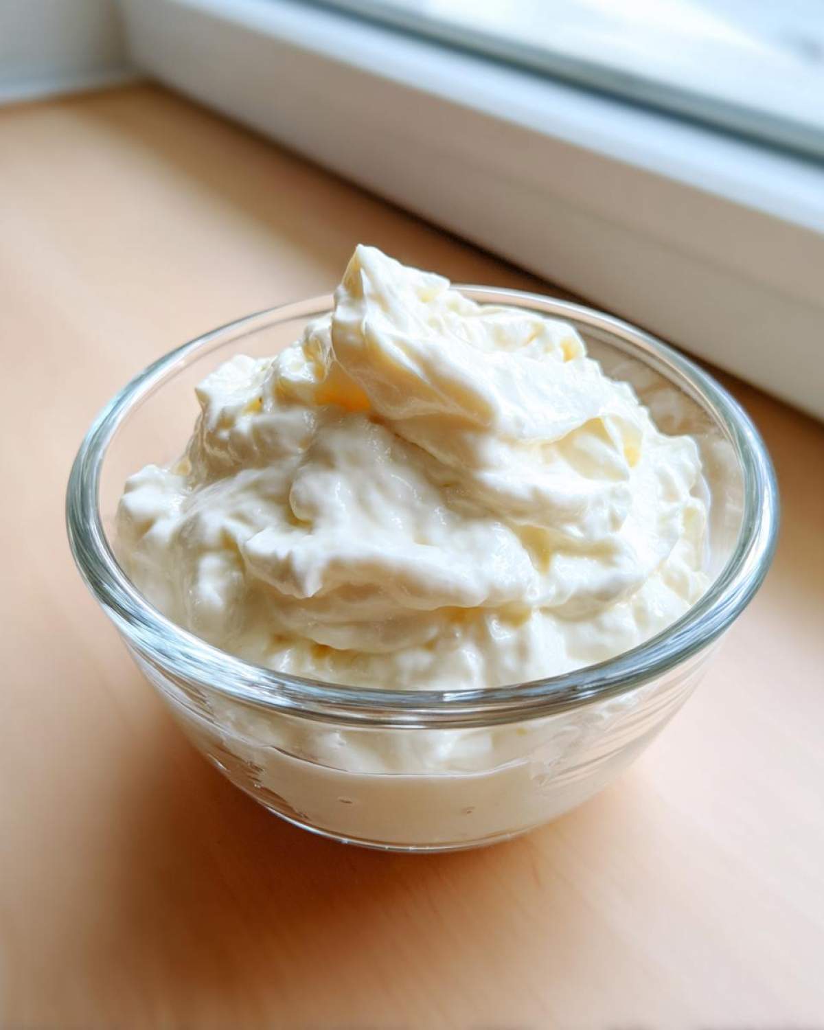 A close-up of thick, fluffy creamy horseradish sauce mounded high in a small clear glass bowl.