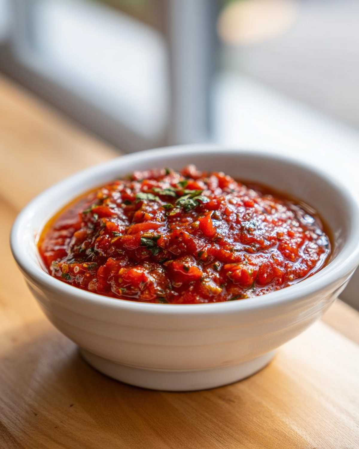 Close-up of chunky, vibrant red pizza sauce seasoned with herbs in a small white bowl.
