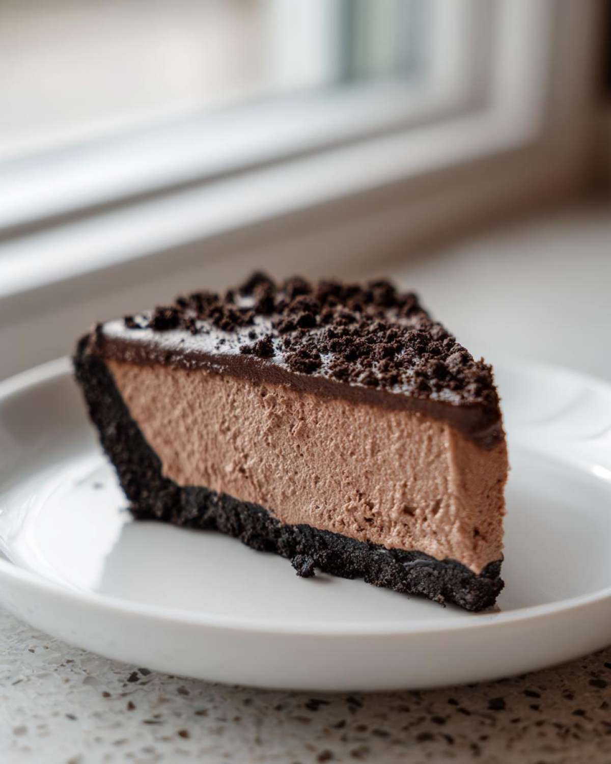 A decadent slice of chocolate mousse pie with a dark crust, served on a white plate.