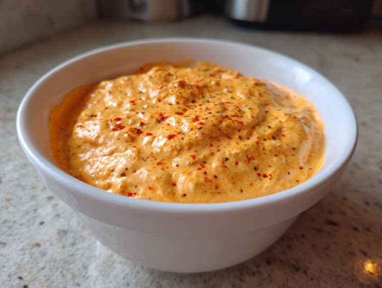 Close-up of a creamy, orange-hued beer cheese dip, topped with visible black pepper and red pepper flakes.