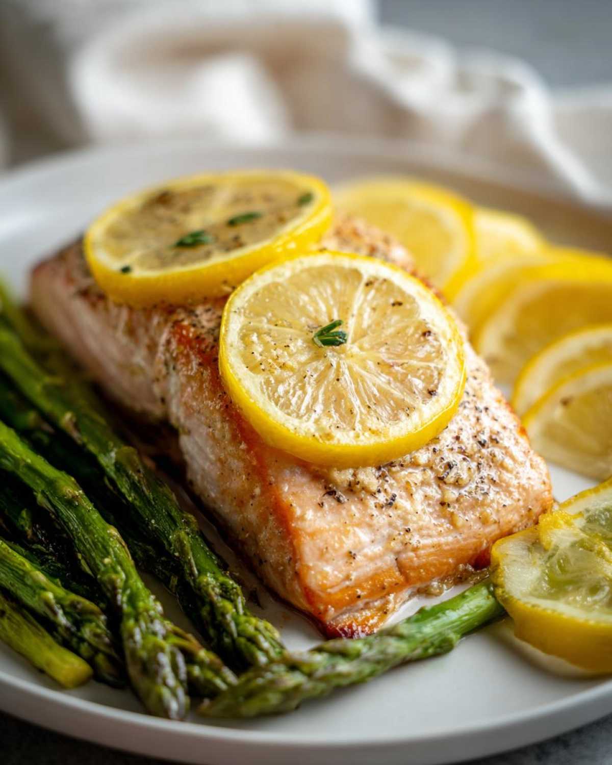 Close-up of a baked salmon recipe fillet topped with lemon slices and served with roasted asparagus.