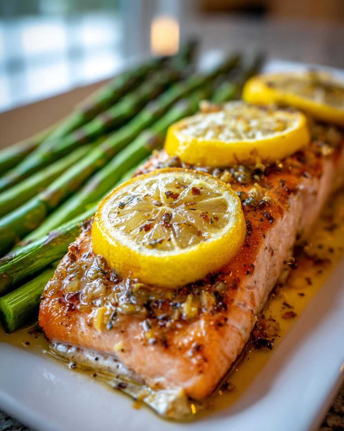 Close-up of a perfectly cooked salmon recipe fillet topped with lemon slices and herbs, served with bright green asparagus.