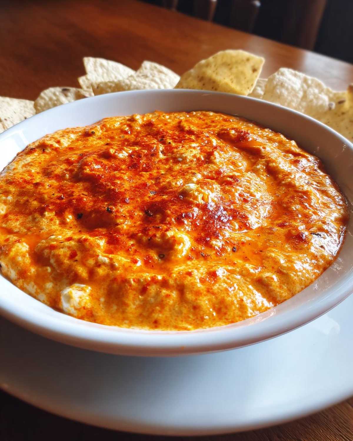 Close-up of a creamy, orange-red chili cheese dip topped with paprika, served with tortilla chips.