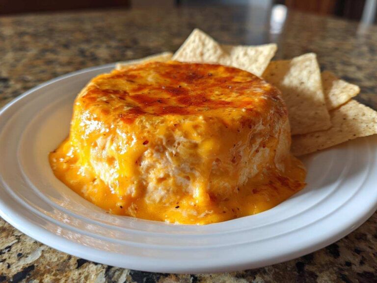 A molded, warm chili cheese dip covered in melted orange cheese, served with tortilla chips on a white plate.