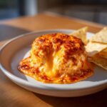A warm, gooey mound of amazing 3-ingredient chili cheese dip oozing cheese, served with tortilla chips.