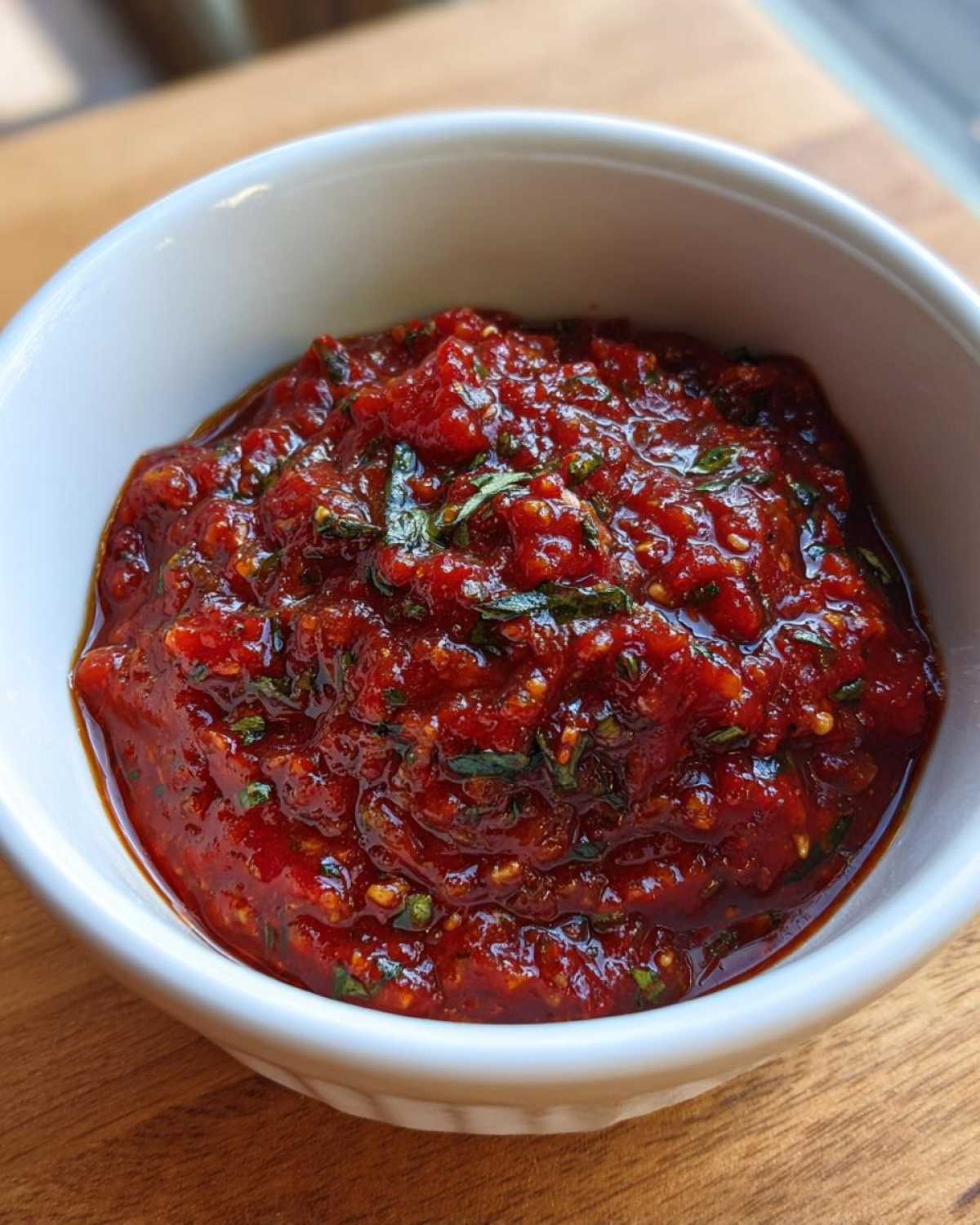 Close-up of vibrant, chunky homemade pizza sauce seasoned with herbs in a small white bowl.
