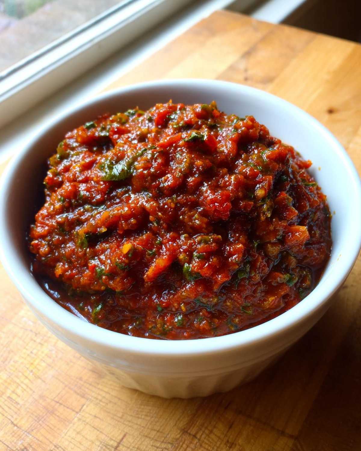 Close-up of thick, vibrant red pizza sauce packed with herbs in a white bowl.