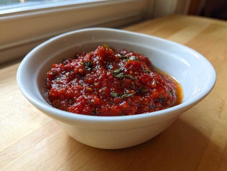 Amazing 5-Minute pizza sauce flavor A close-up of rich, chunky homemade pizza sauce seasoned with herbs in a small white bowl.