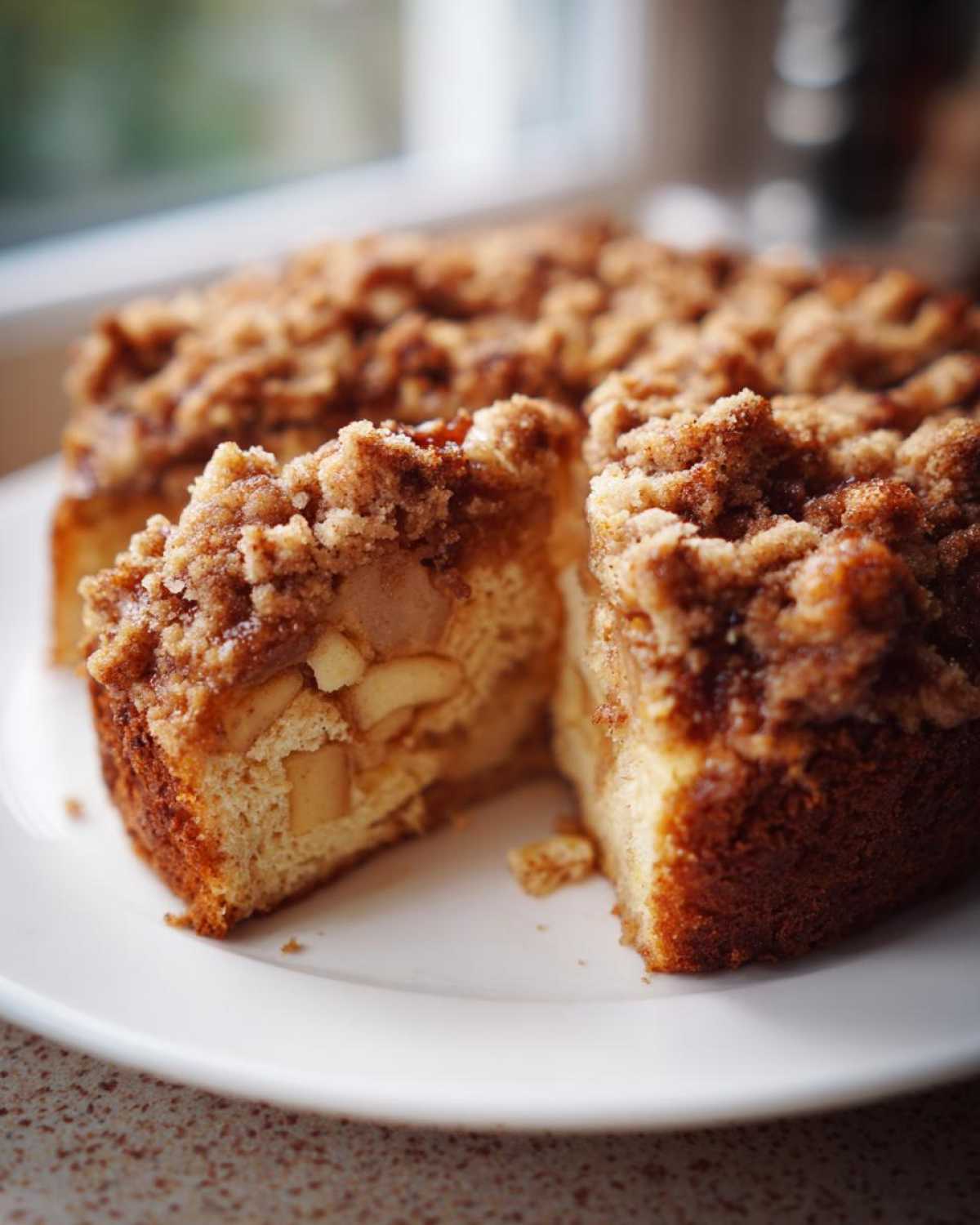 A slice cut from a moist apple crumb cake, revealing chunks of apple filling and a thick cinnamon streusel topping.