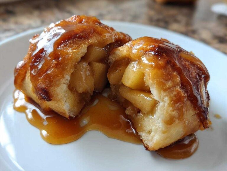 Close-up of an amazing 1-step apple dumpling cut in half, showing spiced apple filling and caramel sauce.