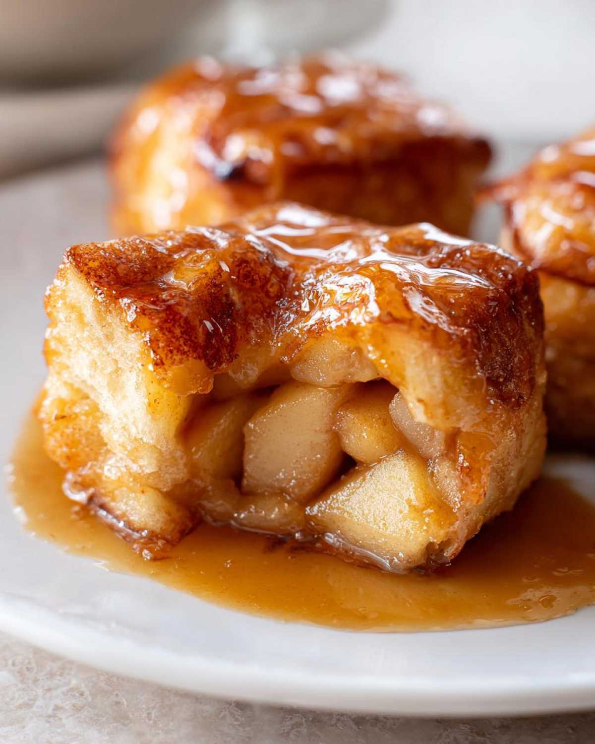 Close-up of a warm, glazed apple dumpling cut open to show soft apple filling and caramel sauce.