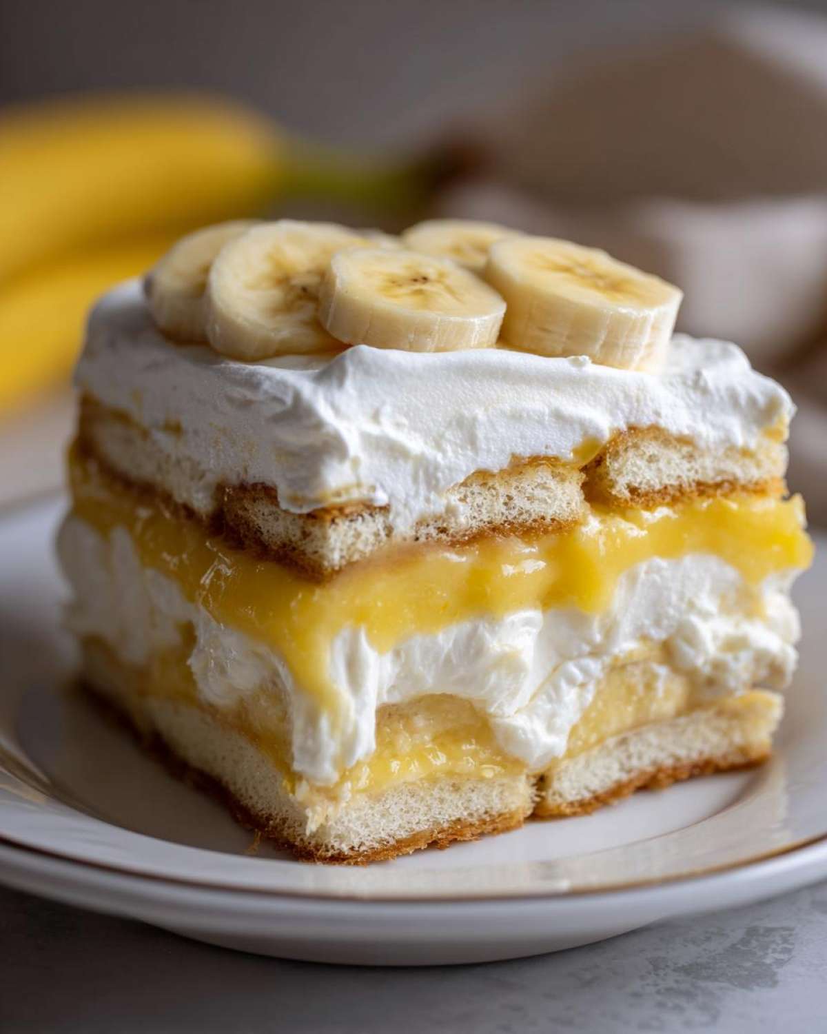 Close-up of a layered slice of banana pudding topped with fresh banana slices.