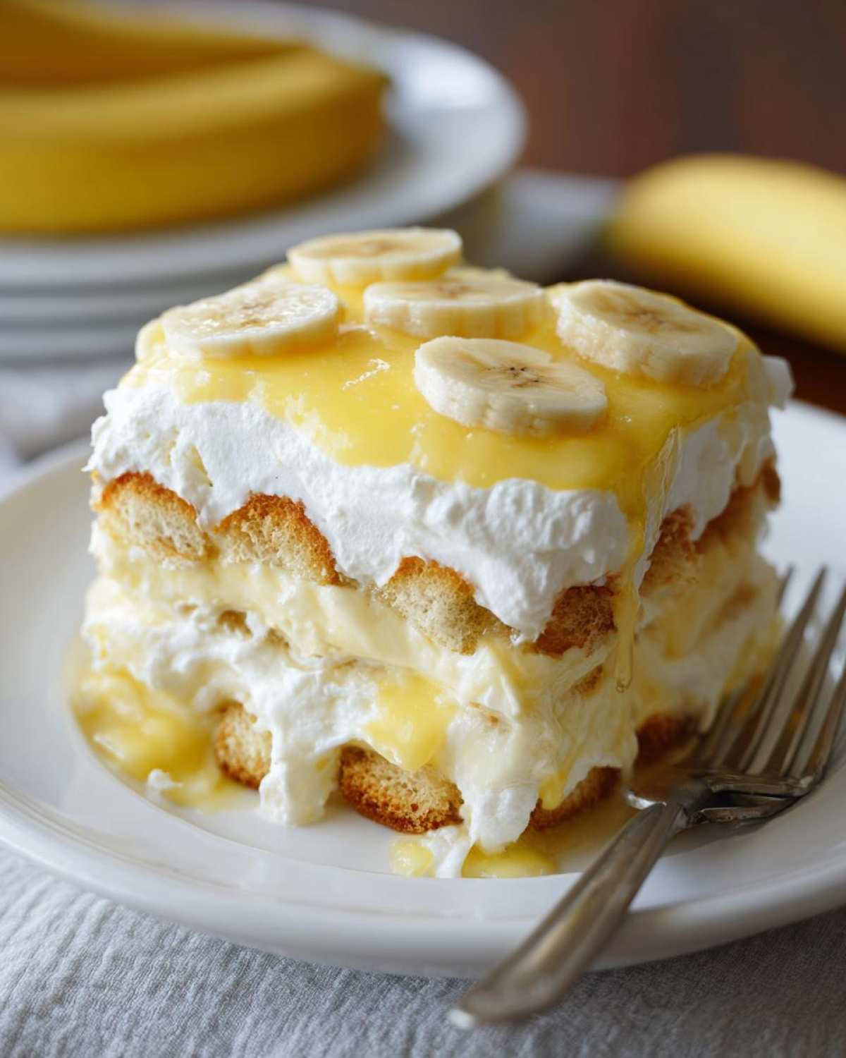 A tall, layered slice of amazing banana pudding topped with whipped cream and fresh banana slices.