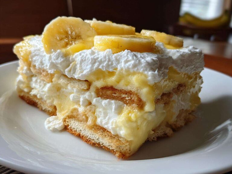 Close-up of a layered slice of amazing banana pudding topped with fresh banana slices and whipped cream.