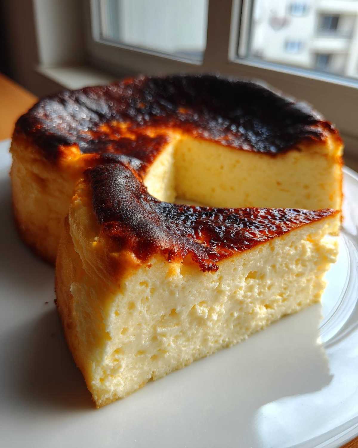 A slice of creamy, interior Basque cheesecake next to the main cake, featuring its signature dark, caramelized top.