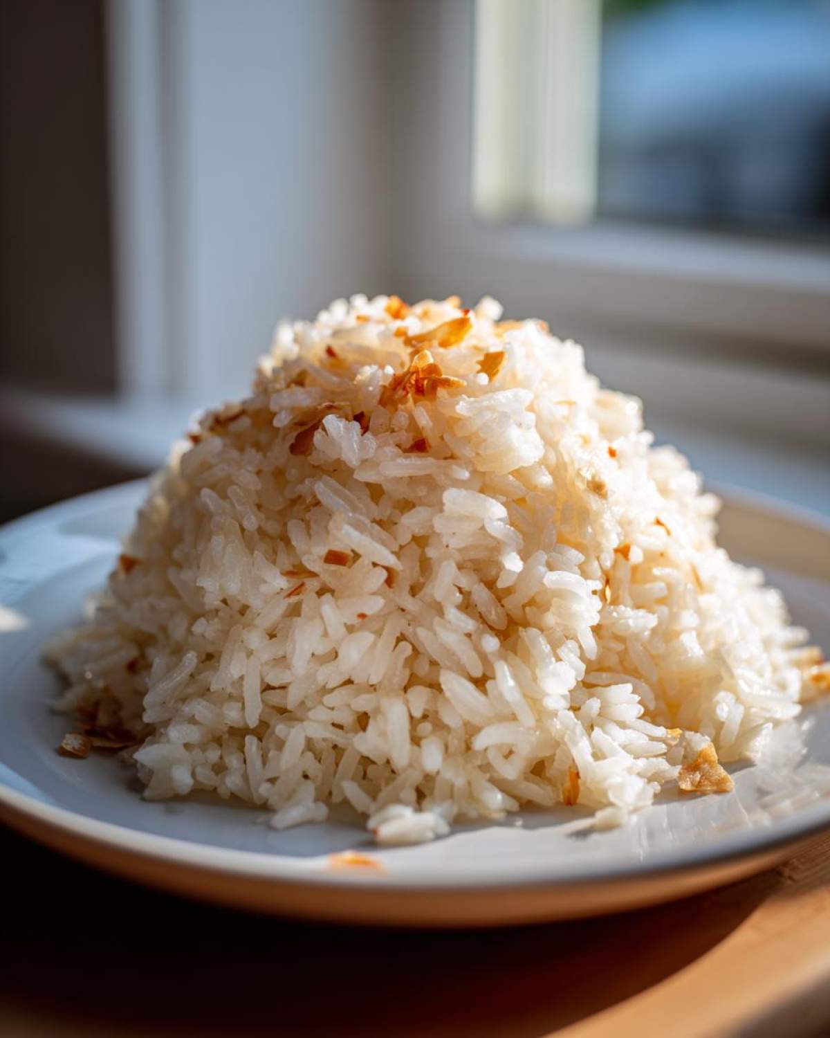 A perfectly molded mound of fluffy butter rice topped with toasted garlic bits, served on a white plate.