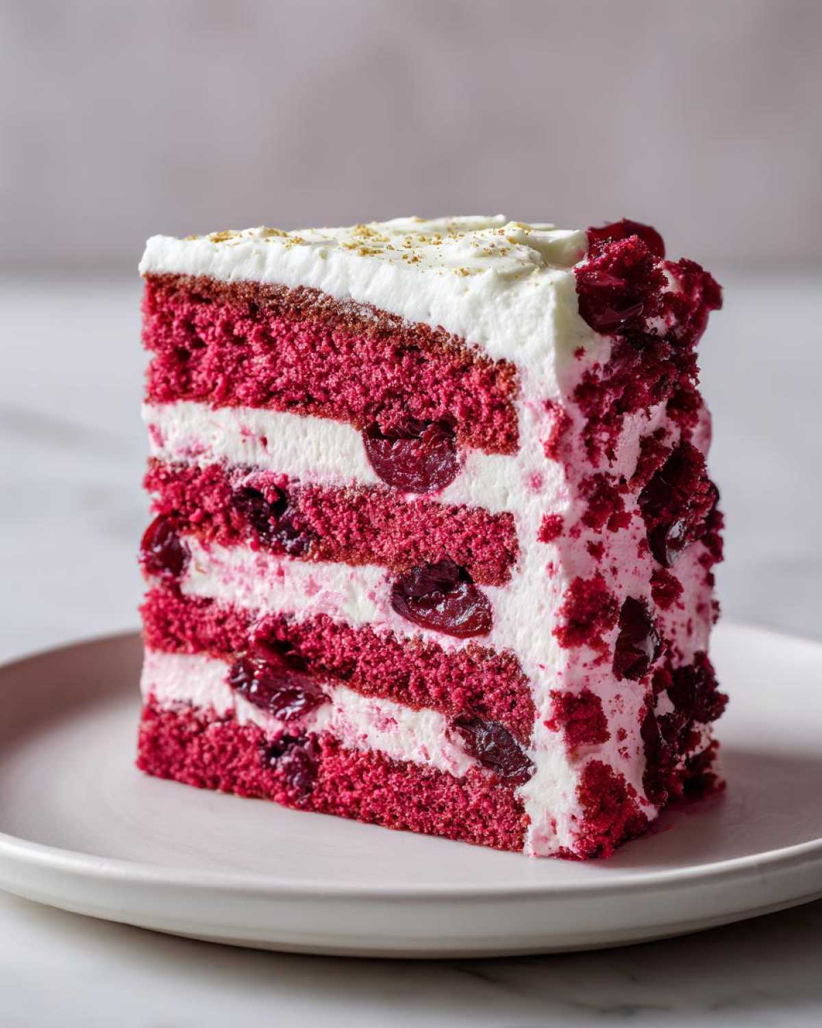 A tall, decadent slice of red velvet cherry cake layered with white cream and whole cherries, served on a pale plate.