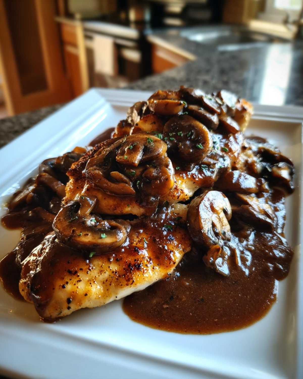 Close-up of pan-seared chicken breasts smothered in rich sauce and sliced mushrooms, showcasing amazing chicken marsala.
