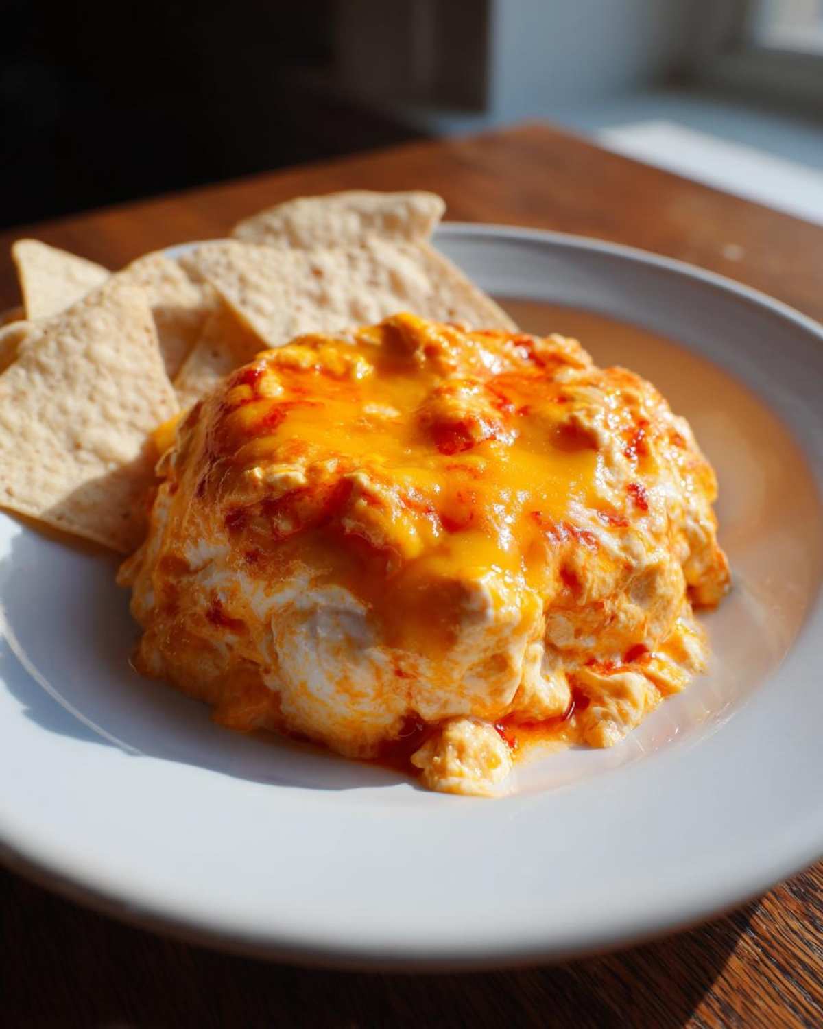 A serving of creamy chili cheese dip topped with melted orange cheese, served with tortilla chips.