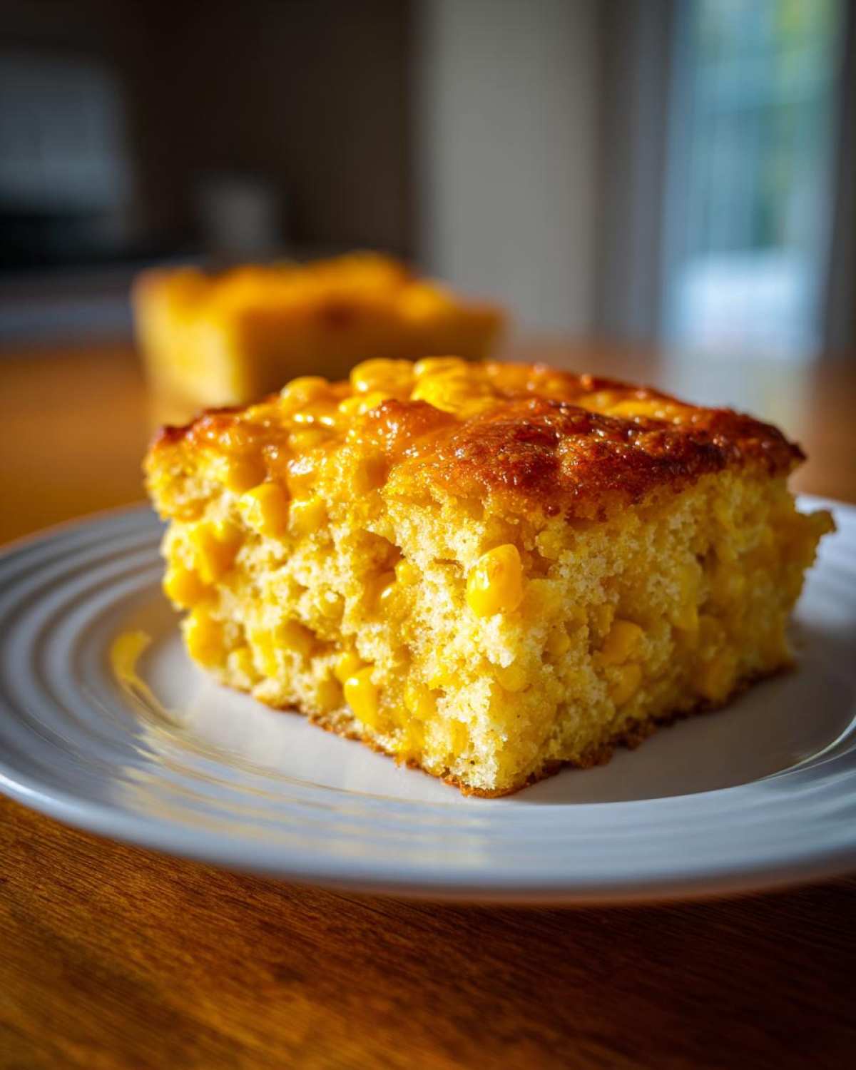 Close-up of a square slice of moist corn casserole, rich with whole corn kernels.