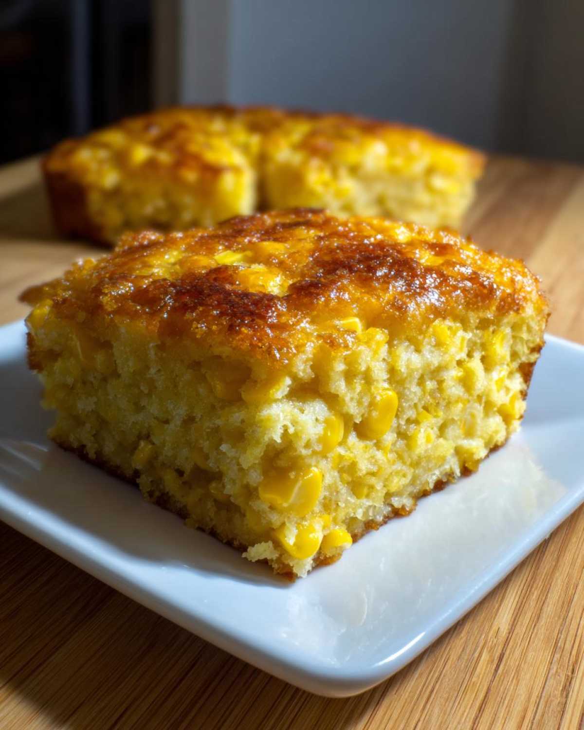 A moist, square slice of corn casserole packed with whole corn kernels, sitting on a white plate.