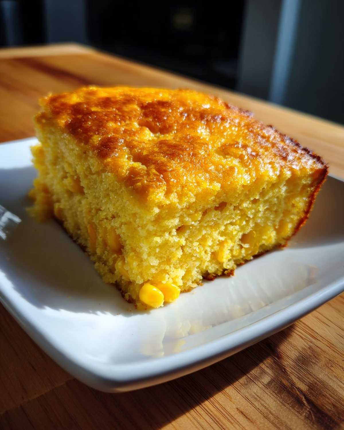 Close-up of a moist slice of amazing corn casserole featuring whole corn kernels and a golden-brown top.