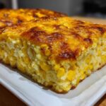 Close-up of a thick slice of moist corn casserole, packed with whole corn kernels and a golden-brown baked top.