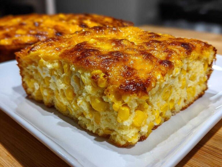 Amazing 1 Corn Casserole Secret Close-up of a thick slice of moist corn casserole, packed with whole corn kernels and a golden-brown baked top.